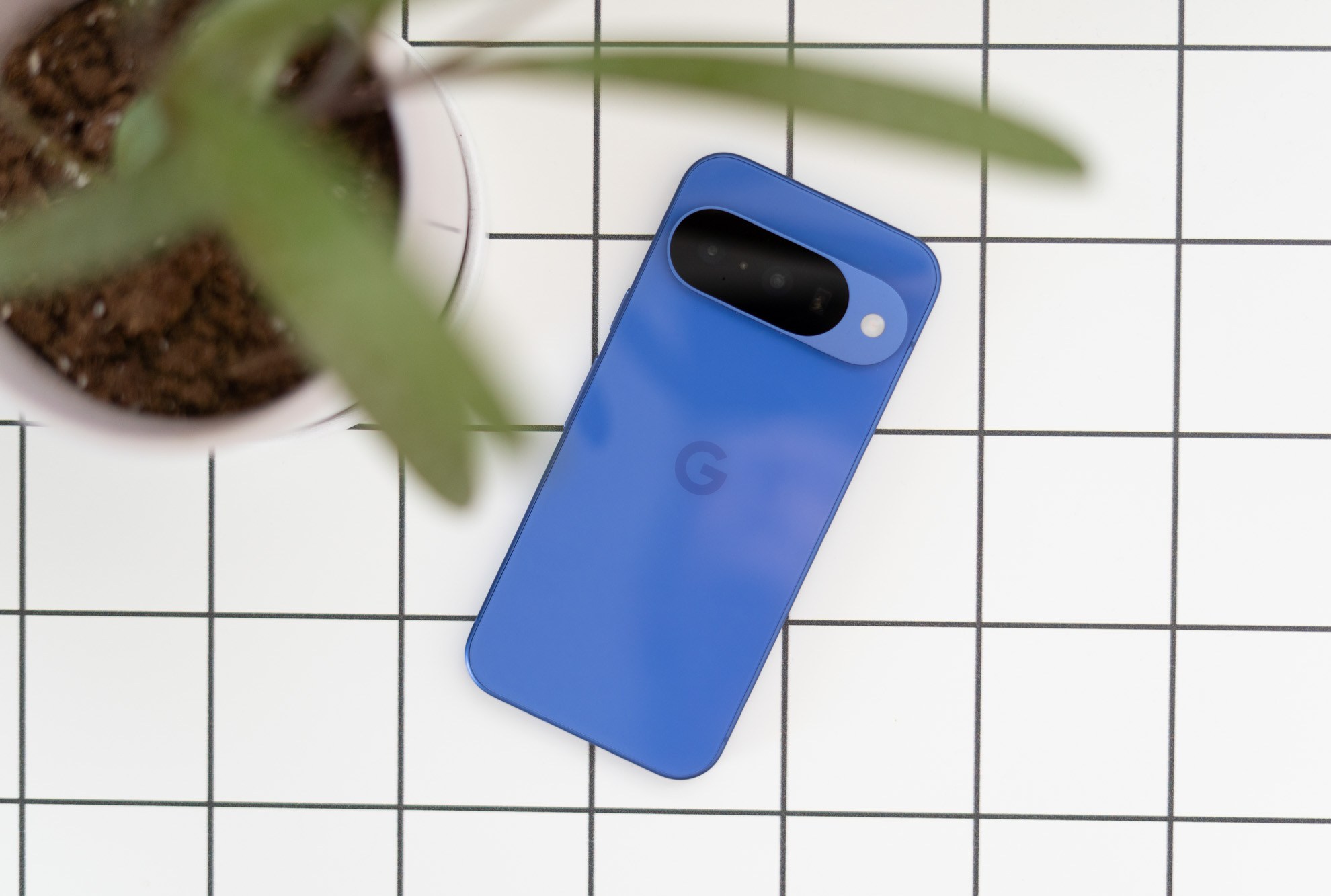 Google Pixel 10 en un escritorio con hojas de plantas en la boquilla
