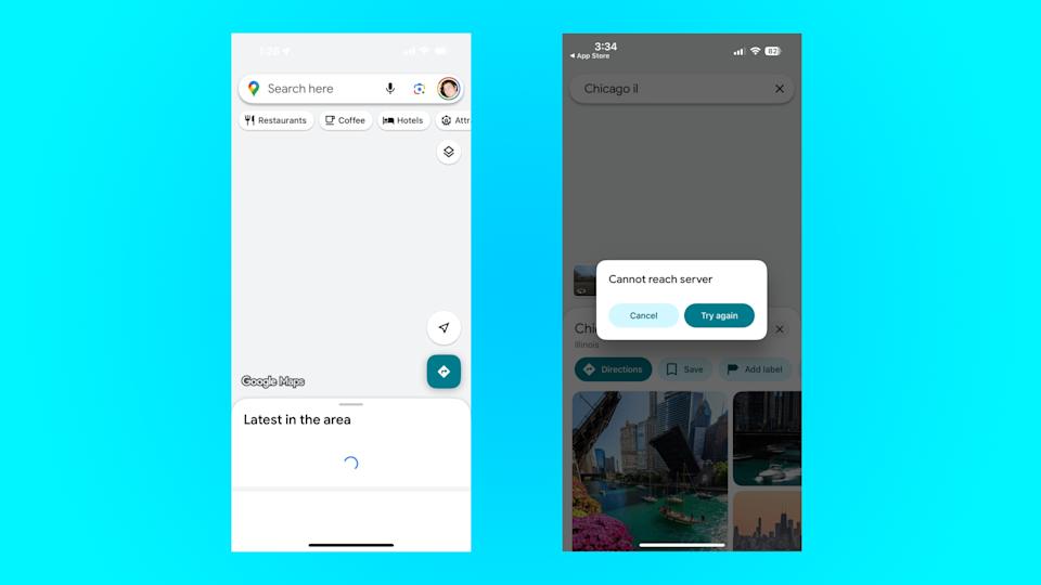 Dos capturas de pantalla de la aplicación Google Maps no pueden cargar su mapa o conectarse a su servidor.
