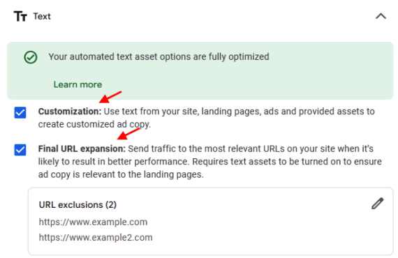El panel de administración de Google Ads muestra opciones de recursos de texto automáticos. Se habilitan la personalización y la extensión de la URL final, se habilitan dos excepciones de URL: Ejemplo.com y Ejemplo 2.com.