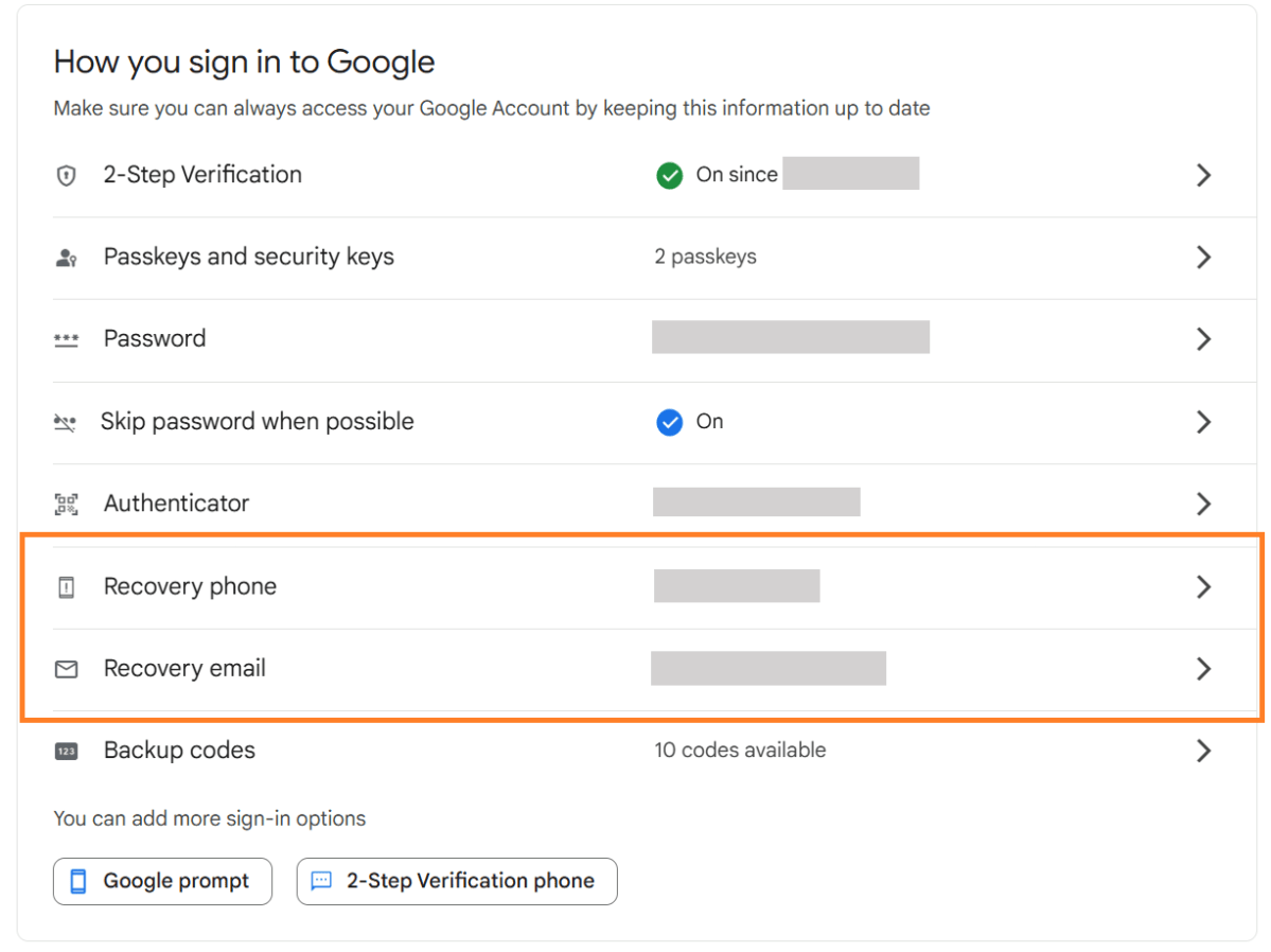 Opciones de recuperación de Google en configuraciones de seguridad