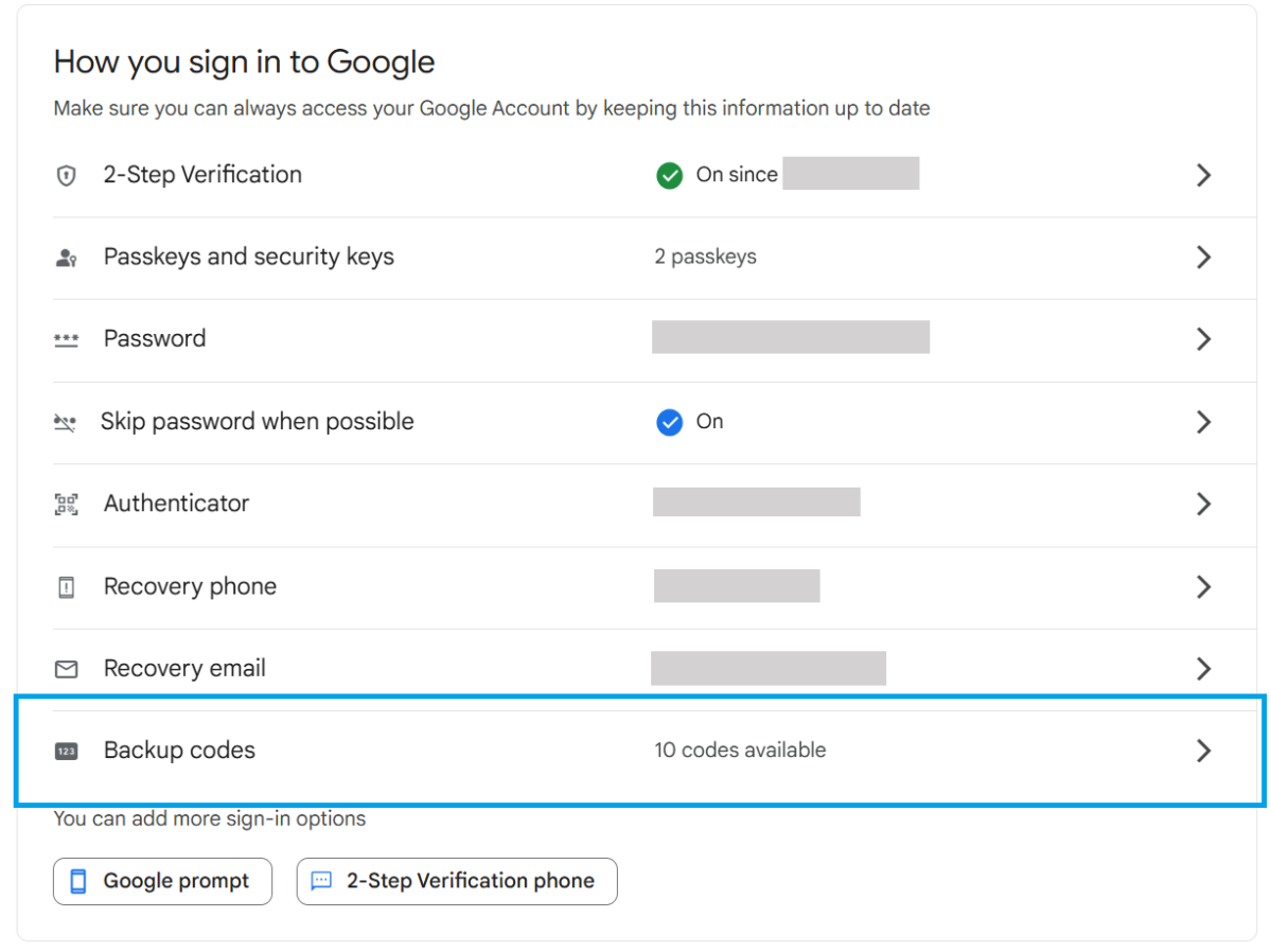 Opción de código de copia de seguridad de Google en configuración de seguridad