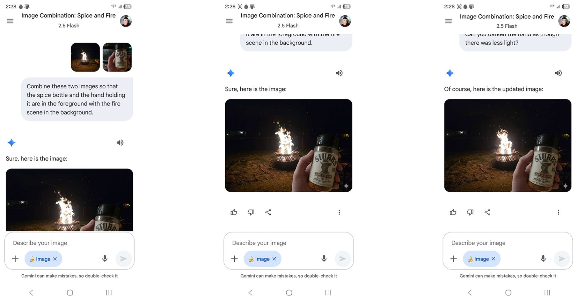 Captura de pantalla de la aplicación móvil de Google Jemini, donde un usuario le pidió al editor de imágenes que combinara un incendio forestal y una botella de especias