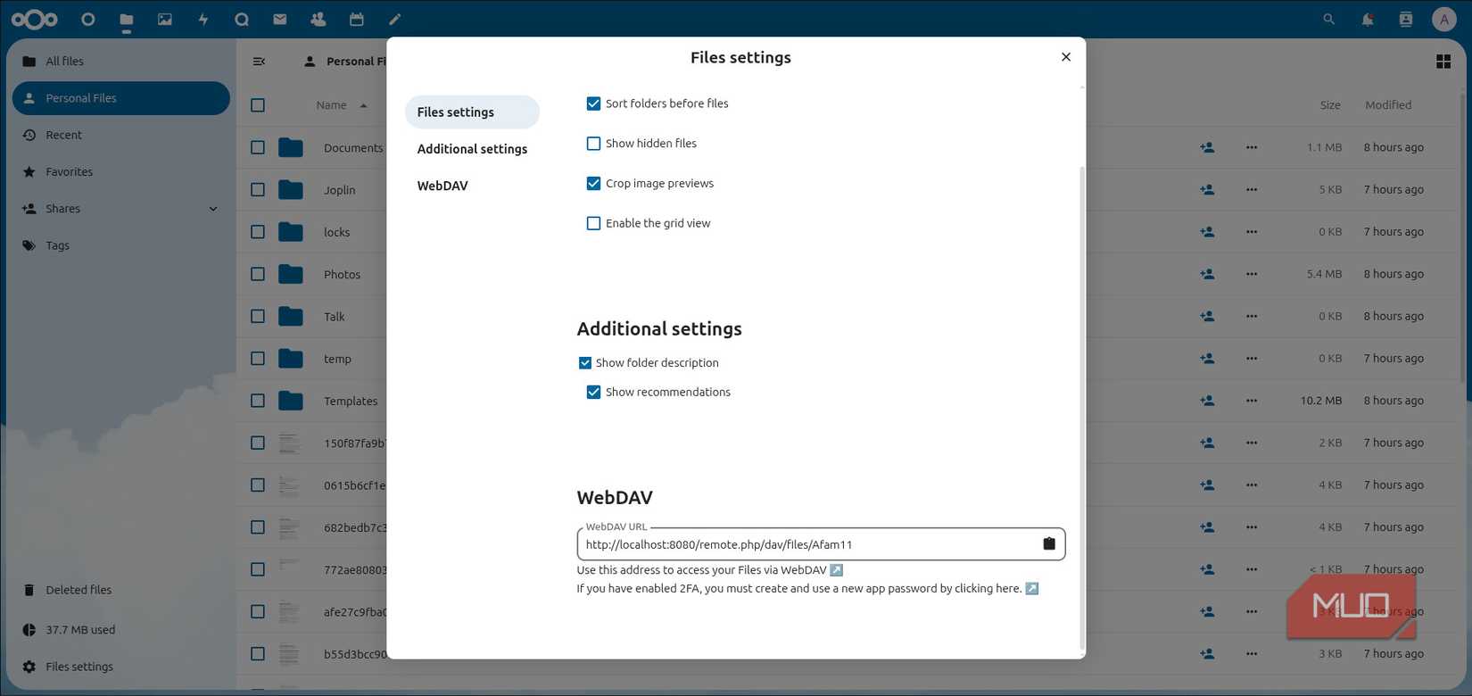 Detalles de NextCloud WebDava en el servidor local