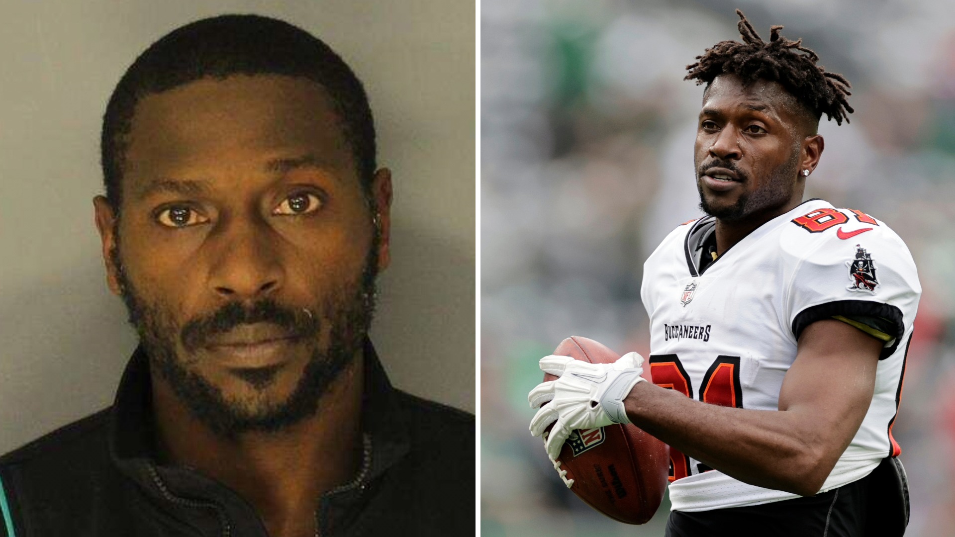 De izquierda a derecha: El Departamento Correccional del Condado de Essex muestra al ex jugador de la NFL Antonio Brown jueves, 6 de noviembre de 2025 / AP Photo Antonio Brown aparece durante un juego de los Buccaneers en 2022.