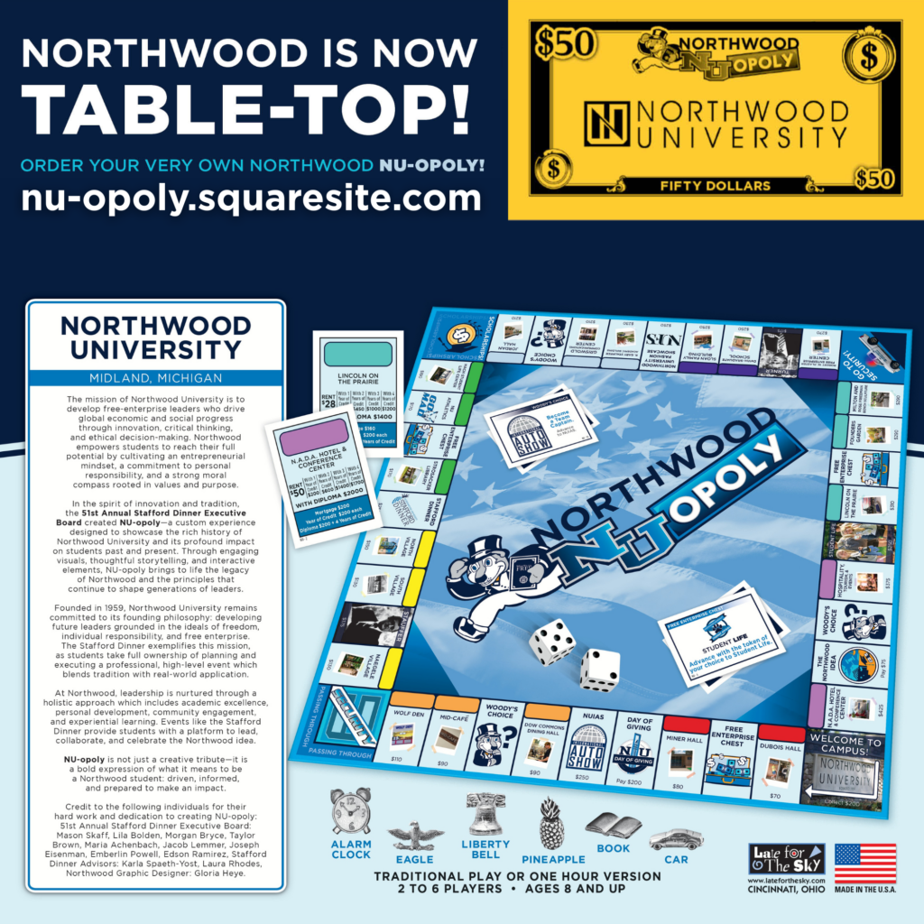 Imagen promocional del juego Monopoly con temática de la Universidad de Northwood, que presenta un tablero de juego, dinero de muestra e información para realizar pedidos sobre un fondo azul.