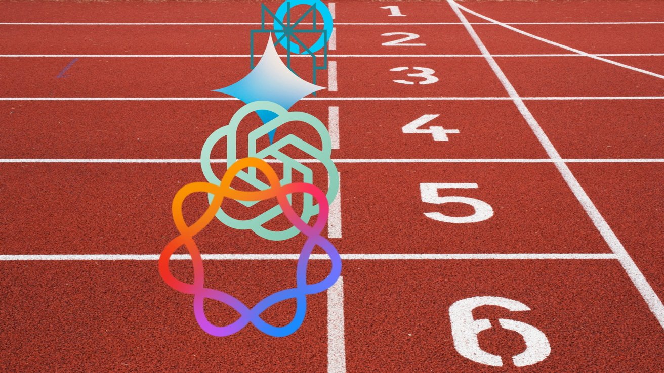 Línea de meta de pista de atletismo roja con carriles numerados en blanco, cubiertos por coloridos logotipos abstractos de IA apilados verticalmente a lo largo del carril central.