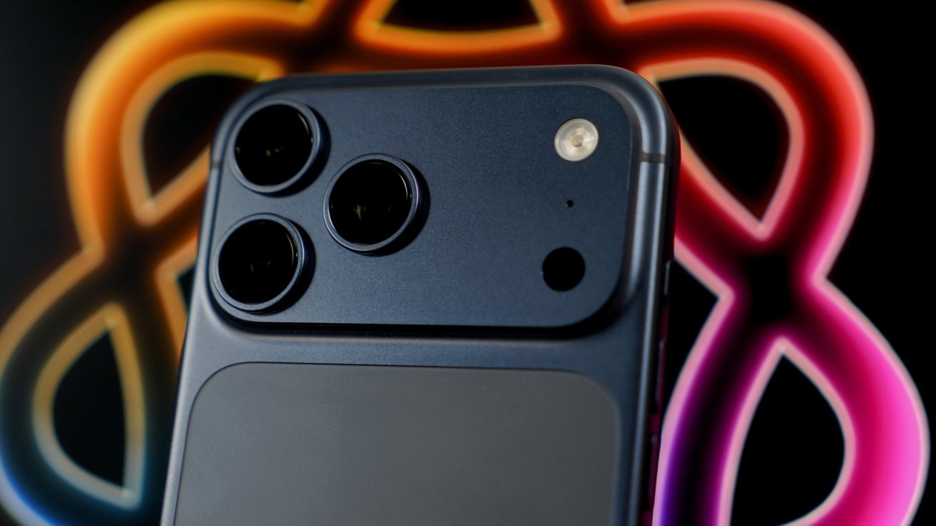 Primer plano de la barra de cámara trasera azul del iPhone 17 Pro Max con el logotipo de Apple Intelligence como fondo