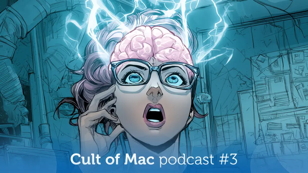 Una imagen estilo cómic generada por IA de un hombre en un laboratorio con su cerebro expuesto y relámpagos, utilizada para ilustrar una historia sobre Siri obteniendo una actualización de IA impulsada por Google Gemini, como se analiza en Cult of Mac Podcast #3.