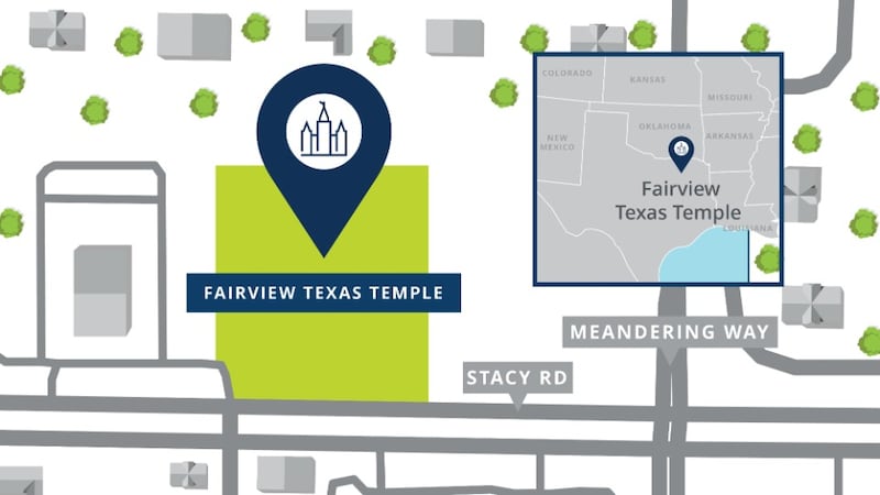 Un mapa del sitio del Templo de Fairview Texas, que muestra las carreteras cercanas.