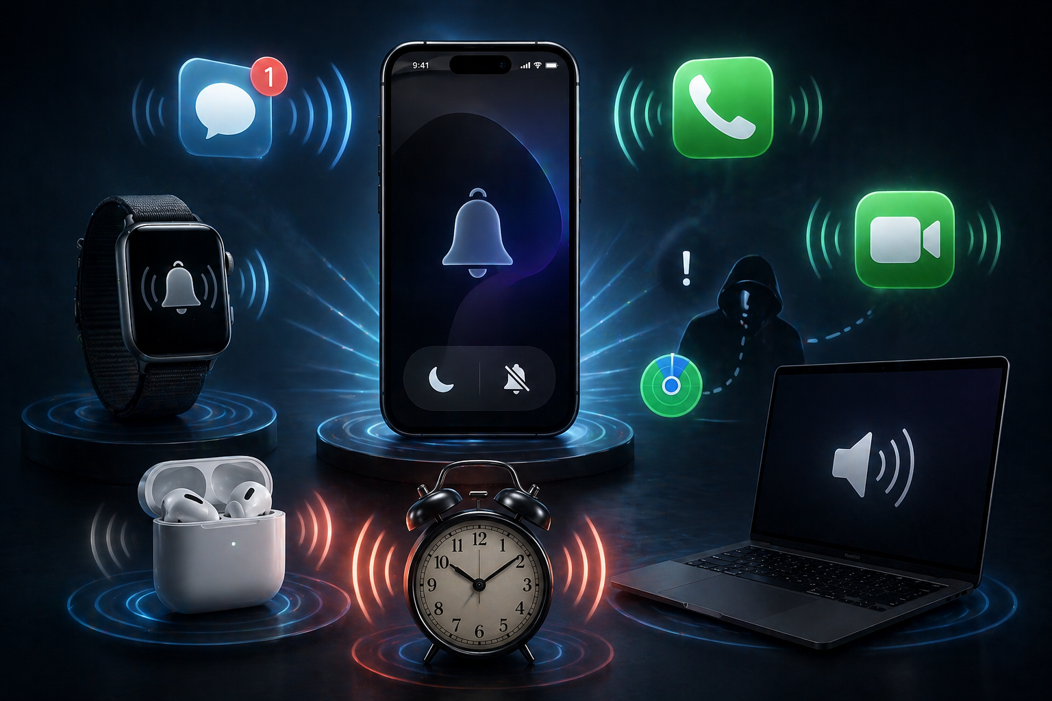 De Phonegram: un teléfono inteligente, un reloj inteligente, audífonos, un reloj despertador y una computadora portátil muestran íconos de notificación y alerta que resaltan el ícono del modo silencioso, todo rodeado de gráficos de señal inalámbrica, con una imagen enmascarada de fondo.